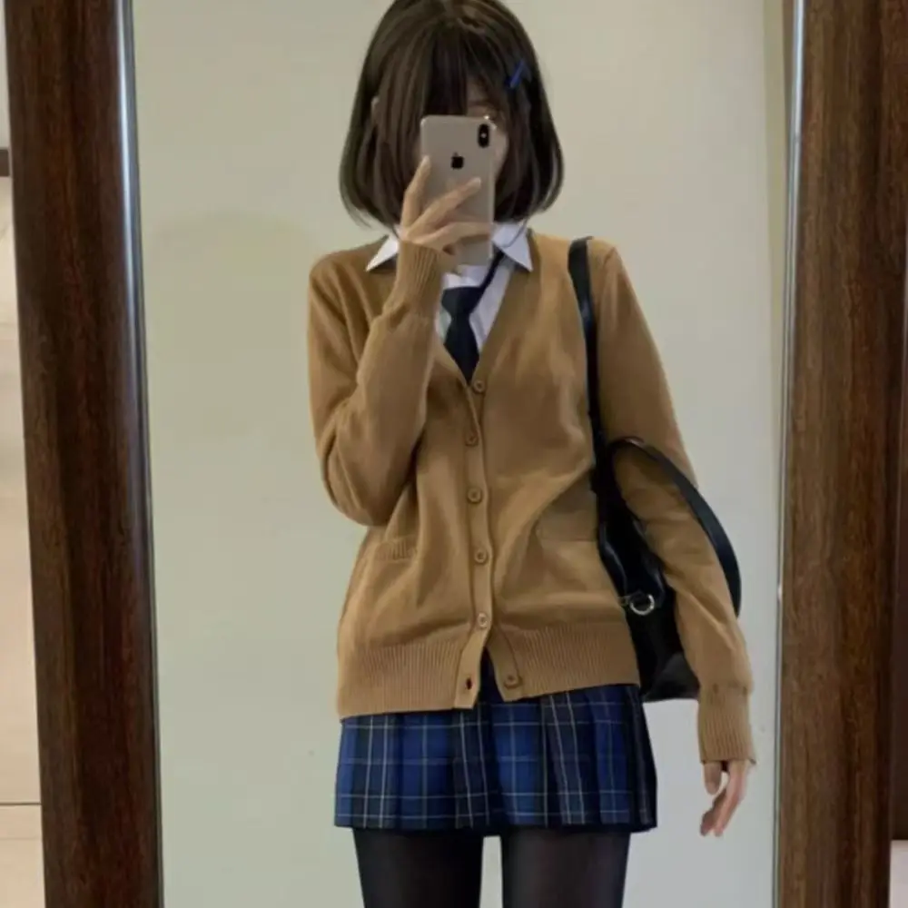 Cardigã JK marrom com decote em V original, cardigã elegante de manga comprida – macio, confortável, quente, roupas diárias da moda feminina