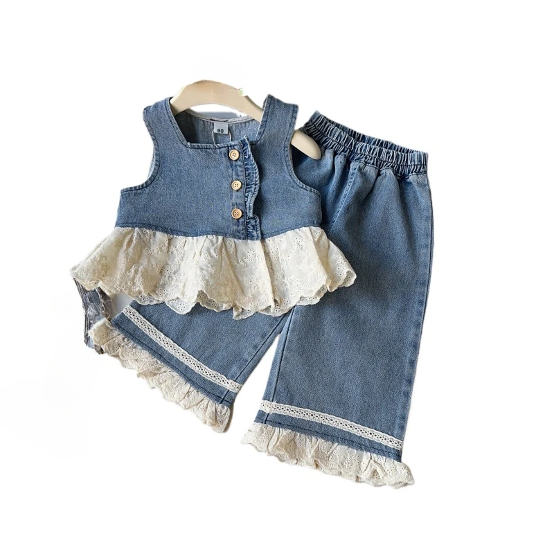 Girls\' Vest Set Spring and Autumn New Fashion Sleeveless Stitching Denim Vest + Trousers Two-piece Set  Girl Clothes