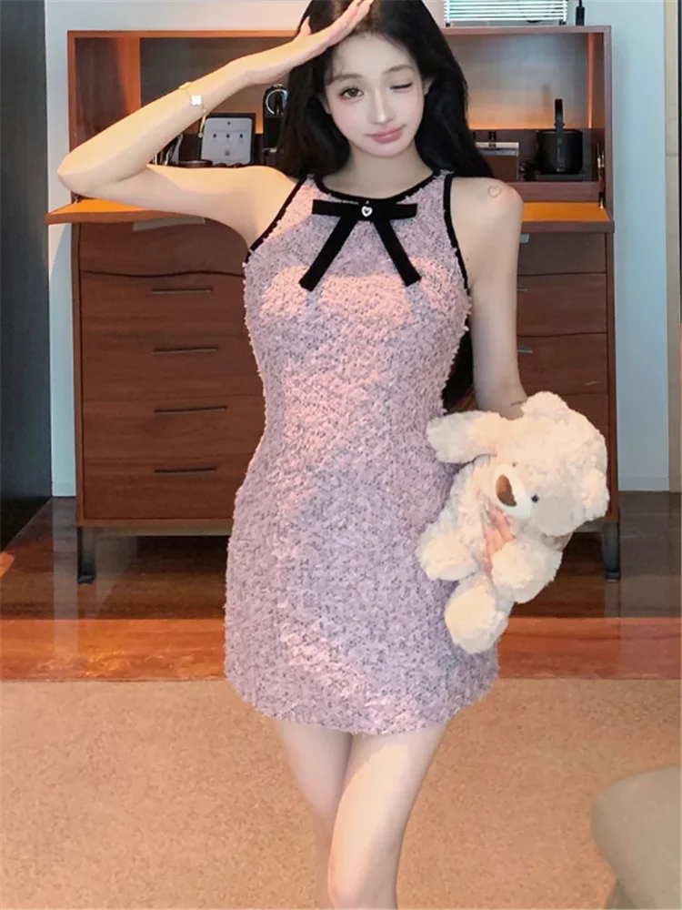 French Celebrity Lady Summer Bow Purple Pencil Tank Dress Elegant Women Sleeveless Bodycon Suspender Straps Mini Party Dress