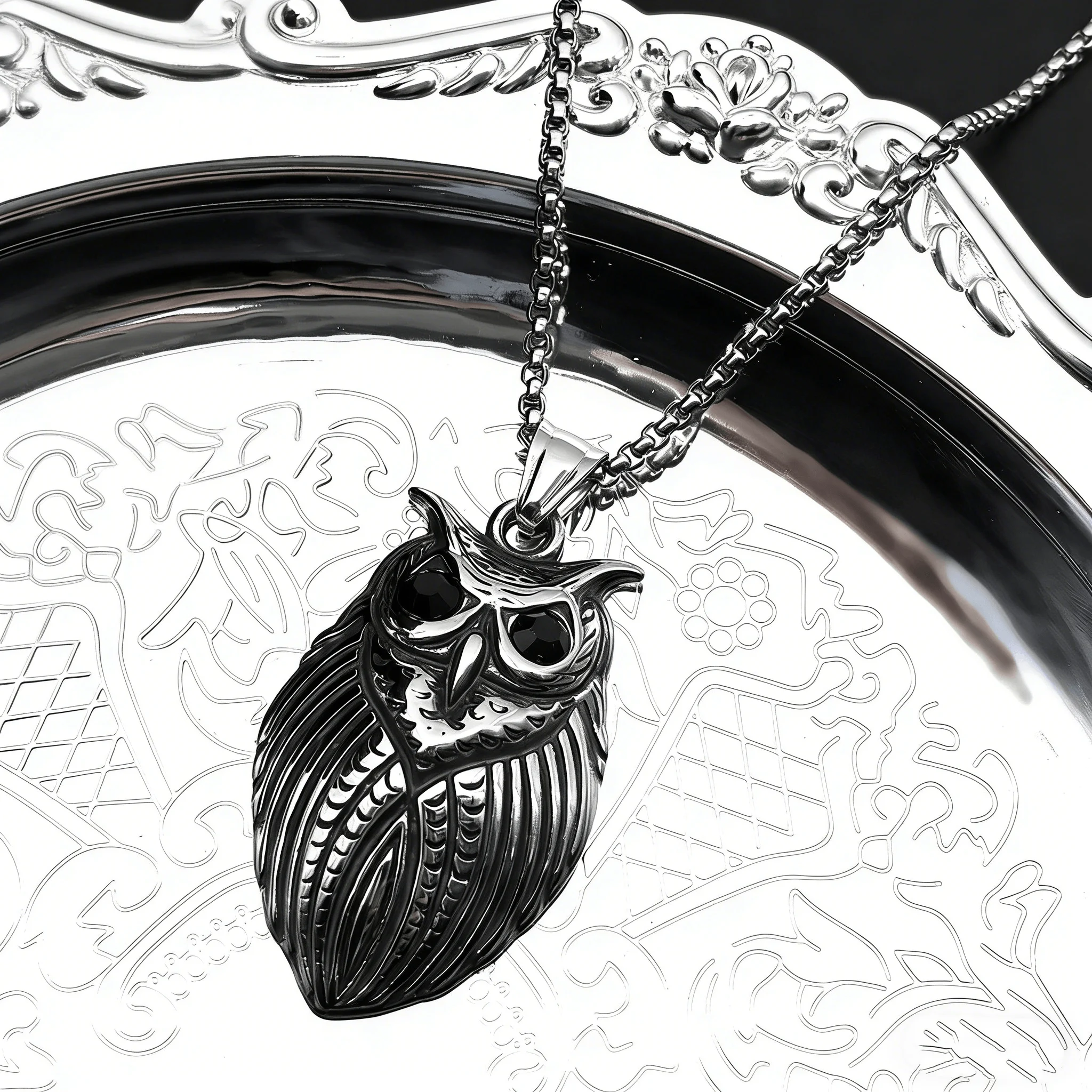 

Dark Punk Owl Birds Chain Women Men Stainless Steel Silver Color Black Stone Gothic Animal Pendant Necklace Jewelry Accessory