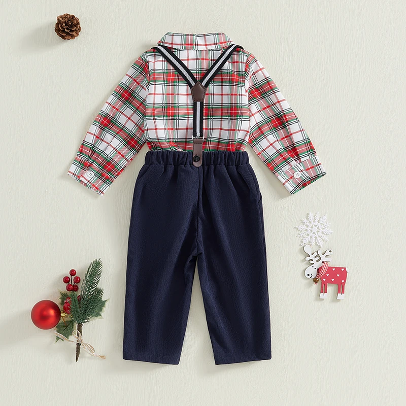 Toddler Boy Christmas Outfit Plaid Long Sleeve Button Down Shirt Suspender Pants with Pocket 2 Piece Gentleman Set