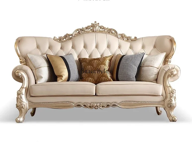 

pg45pg45French light luxury solid wood leather sofa European carved large flat living room sofa combination