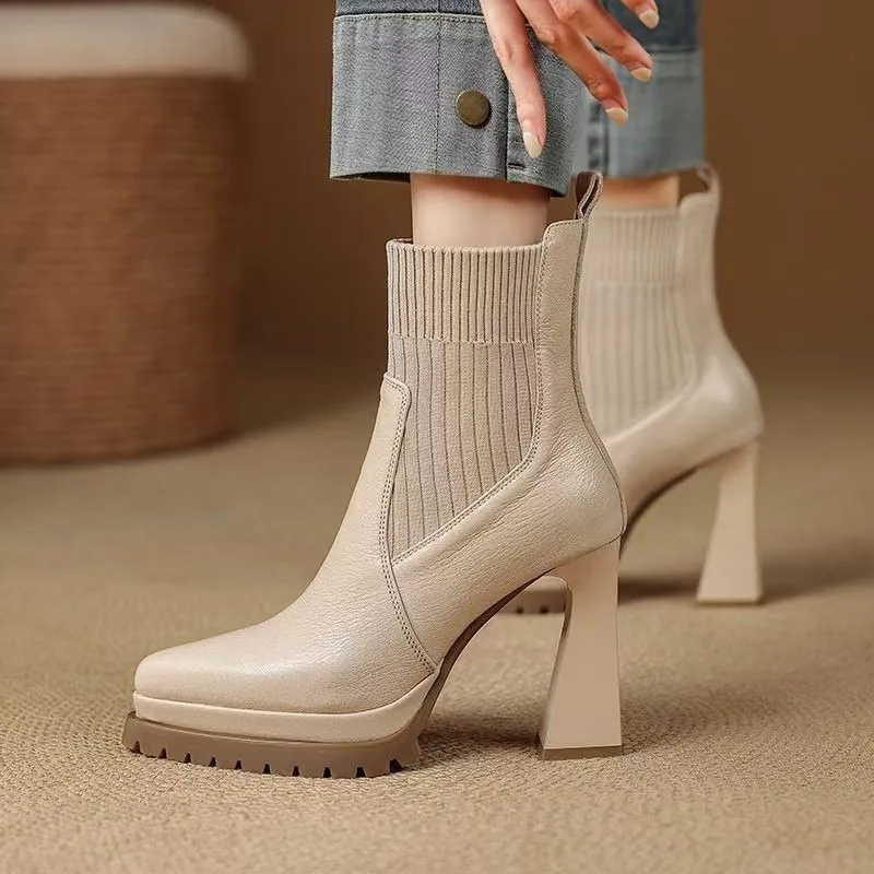 French Retro Pointed Toe Platform Stretchy Socks Boots Women's Autumn and Winter New Versatile Temperament High Heels view 4