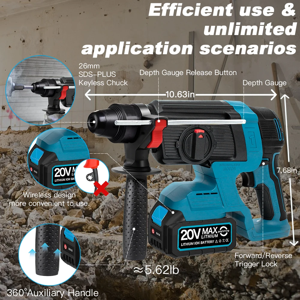 26MM Brushless Electric Heavy Duty Hammer Multifunctional Rotary Cordless Rechargeable Impact Drill for Makita 18V Battery