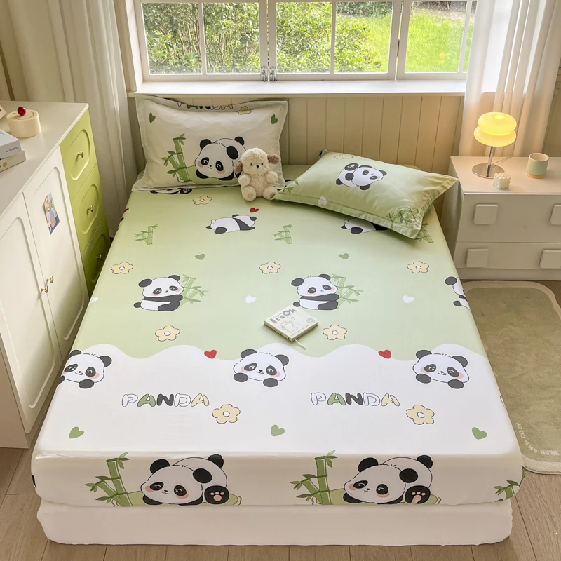 Kawaii Cartoon Panda Fitted Sheet,Bamboo Floral Wild Animals Bed Sheet Set Cotton Bed Cover with Deep Pocket for Child Kids Room