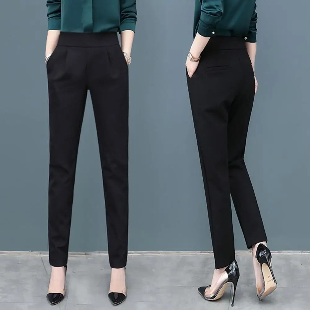 Women Suit Pants Slim Fit Women's High Waist Suit Pants with Elastic Waistband Slant Pockets Stylish Long Trousers for Workwear