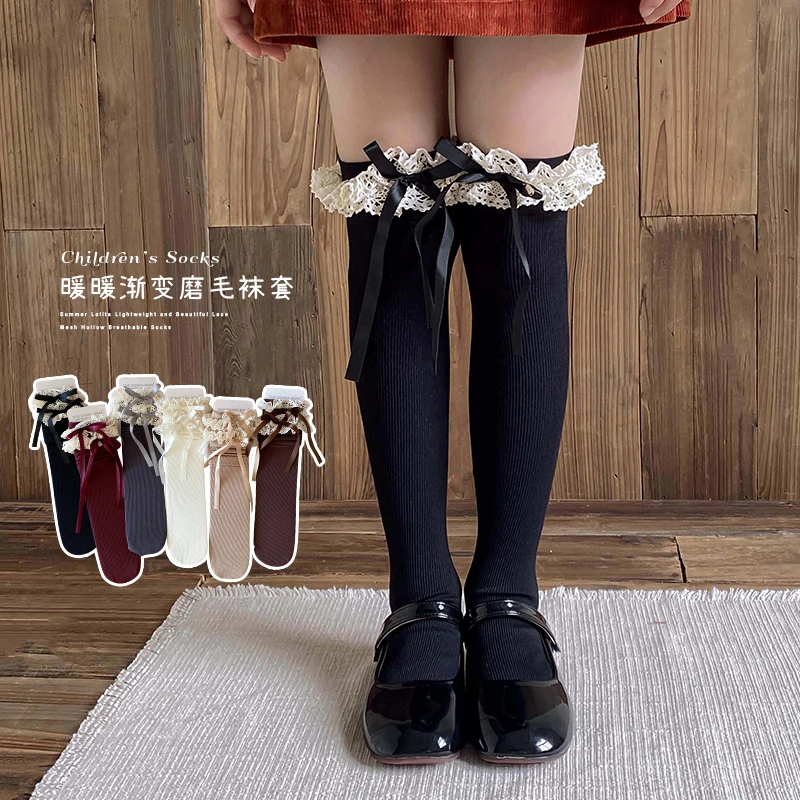 Young Girls Lolita Over Knee Hosiery Hollow Outline Bowknot Design Fine Lace Edge Thin Light Skin-Friendly Comfortable Stockings