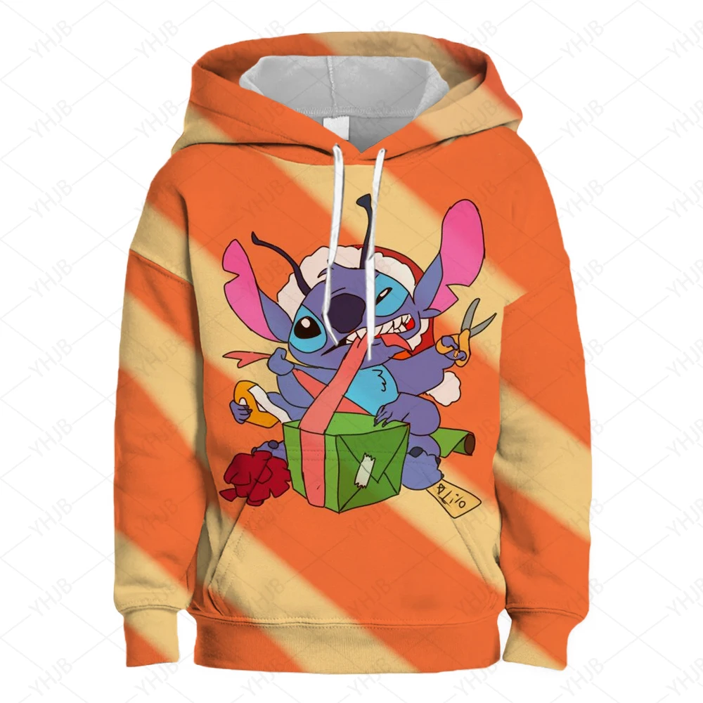 2024 New Disney Children Clothes Stitch Girls Merry Christma Girls Short Sweatshirt Print Pullover Casual Cartoon Girls Top