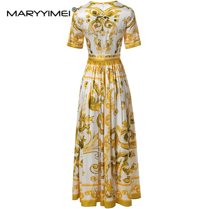 MARYYIMEI Spring Summer Fashion Women Cotton Vintage Short Sleeved Yellow Printed Flods Streetwear Dresses