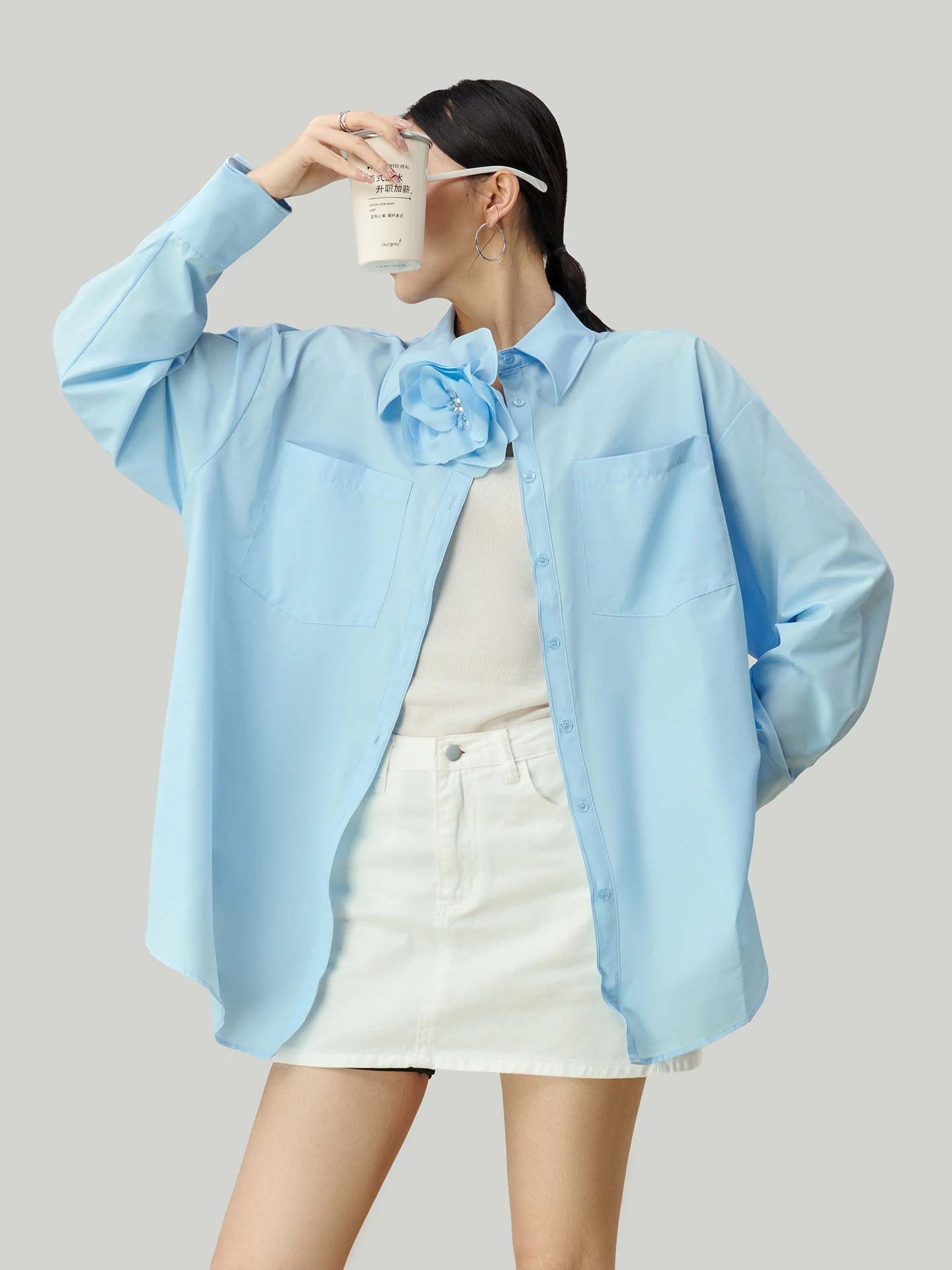 

Ele Long Sve Women's irt 3D Flower Decoration Faionable Casual Loose Fit Polyester Blend Spring 2026 New Arrival