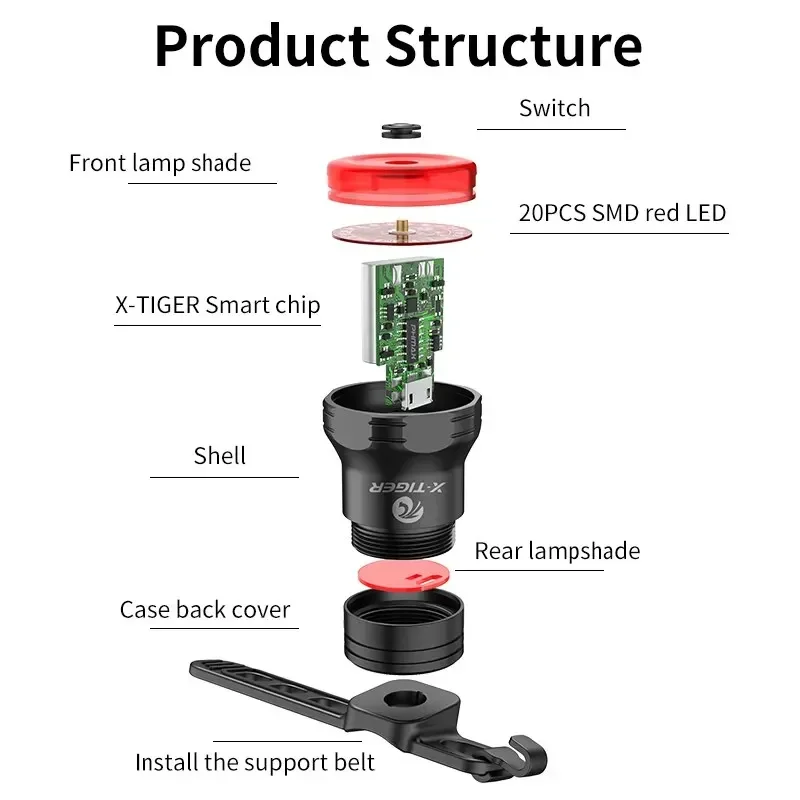 X-TIGER ciclismo luz traseira sensor inteligente mtb bicicleta de estrada luz traseira ipx6 à prova dwaterproof água tipo-c recarregável luz traseira equipamentos da bicicleta