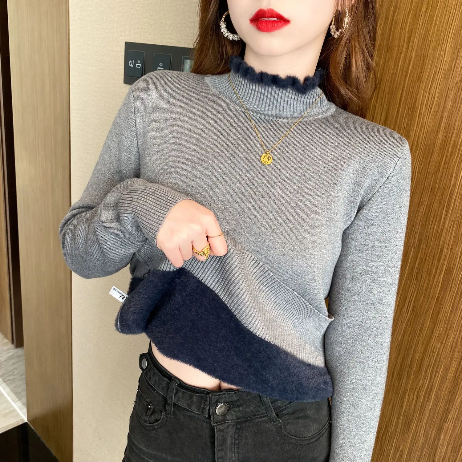High-quality  Sweater for Women, Winter Fleece-lined Thickened, New Style, Half-high Neck, Warm Versatile Base Layer, Outerwear