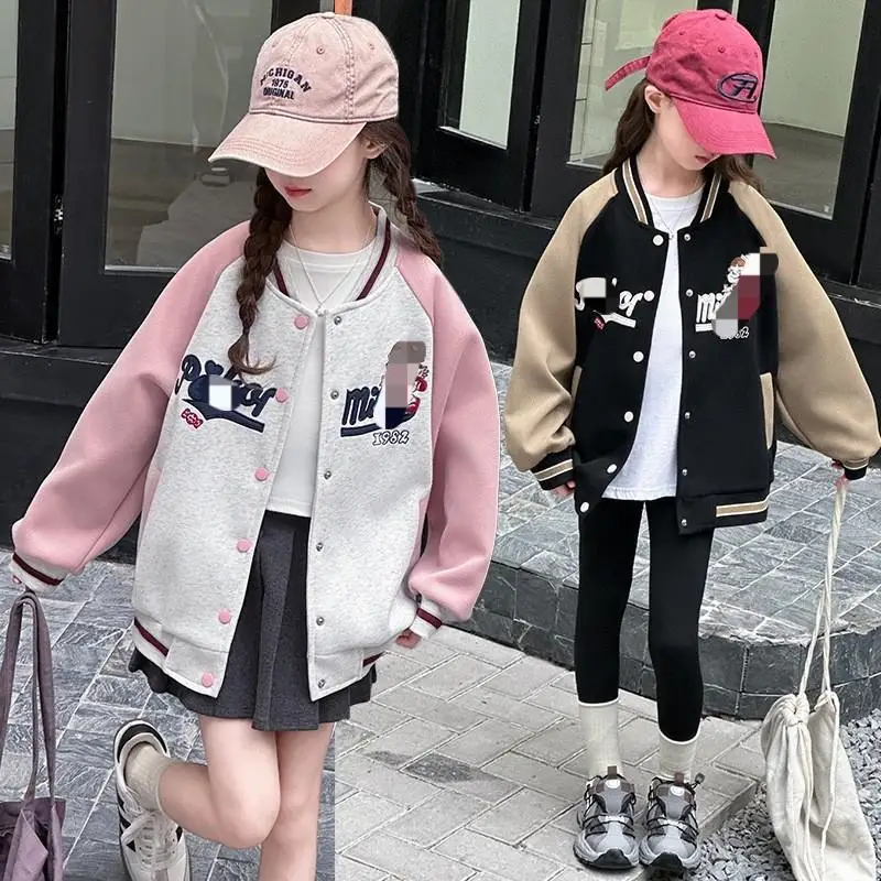 

Осенняя бейсбольная куртка для девочек от 4 до 14 лет, новинка 2023 года, детское повседневное пальто для детей младшего возраста, американский свободный кардиган, пальто