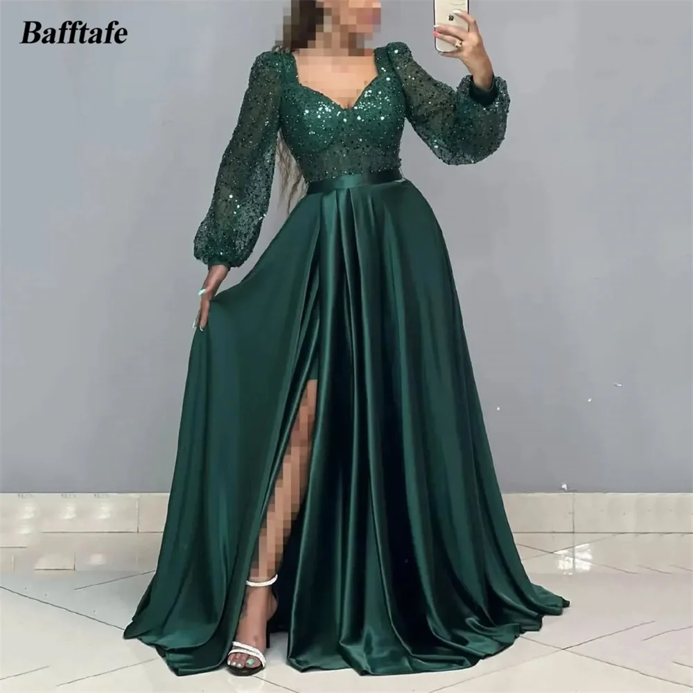 

Bafftafe Dark Green Long Sleeve Women Formal Prom Dresses Customized Satin Sequines Evening Party Gowns Special Occasion Outfits