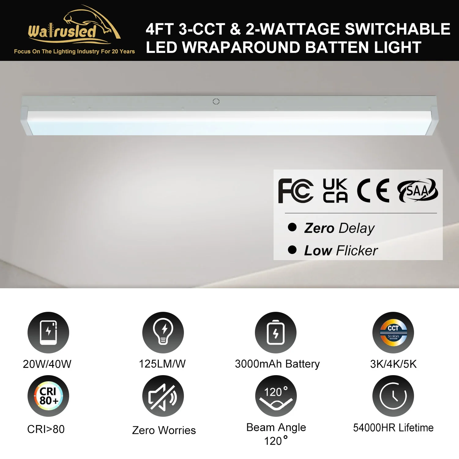 4 Foot 3/4/5000K LED Wraparound Emergency Stairwell Light Battery Backup 40W 5000lm Flush Mount Wrap Shop Ceiling Fixture, FCC