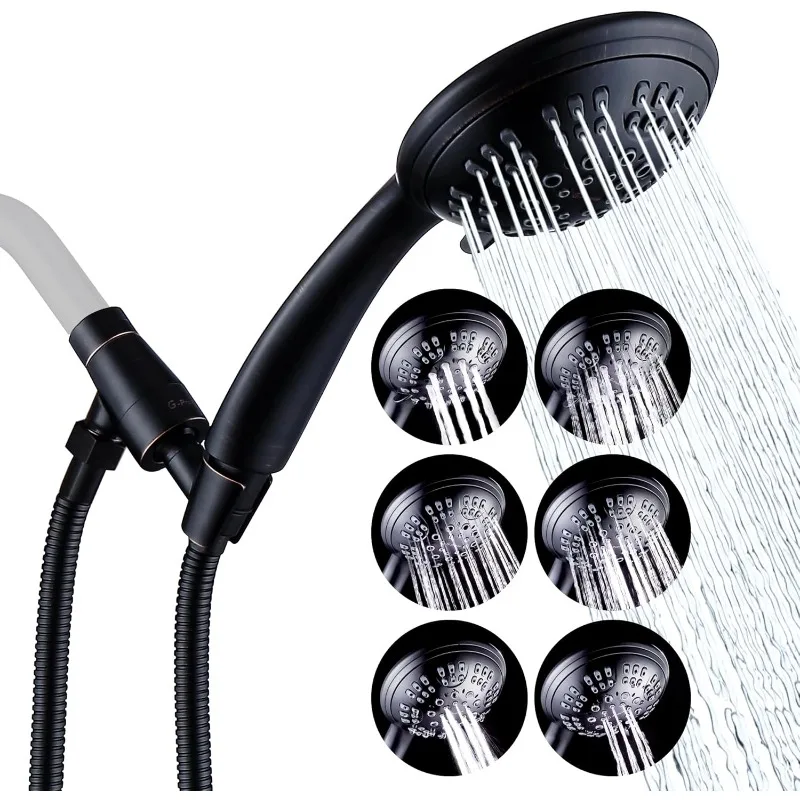 High Pressure Shower Head 6 Spray Setting Hand Held Shower Heads with Adjustable Solid Brass Shower Arm Mount Extra