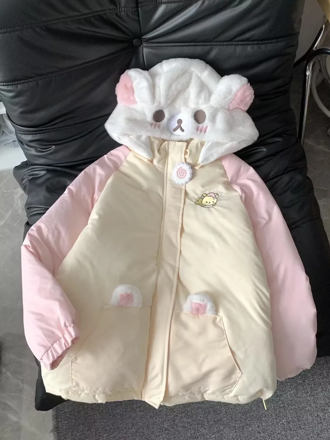 冬コート女性女性かわいいウサギの耳フード付きジャケット漫画刺繍ロリータジッパールーズカジュアルパッド入り Y2k パーカー