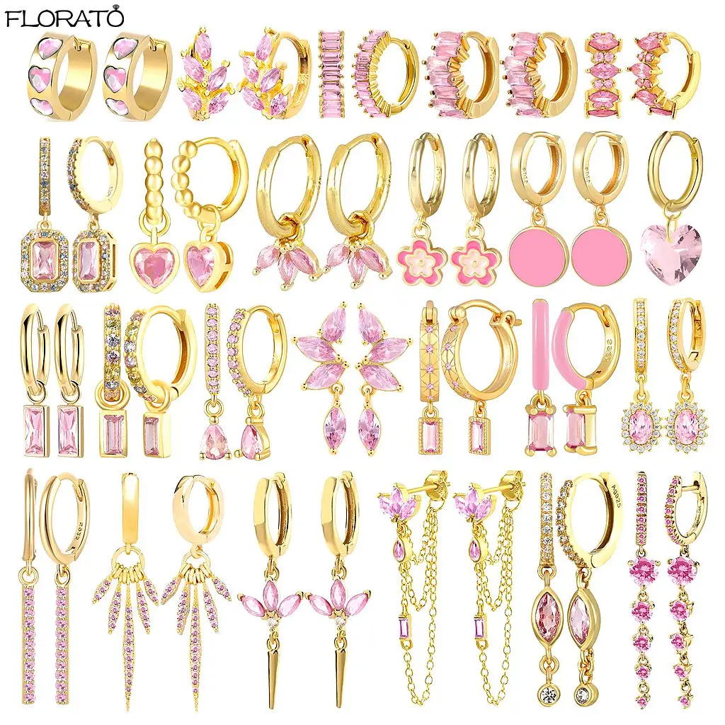 

925 Sterling Silver Needle Cute Pink Heart Earrings 24K Gold Hoop Earrings for Women Fashion Puncture Jewelry Ear Accessories