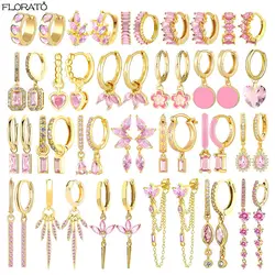 925 Sterling Silver Needle Cute Pink Heart Earrings 24K Gold Hoop Earrings for Women Fashion Puncture Jewelry Ear Accessories