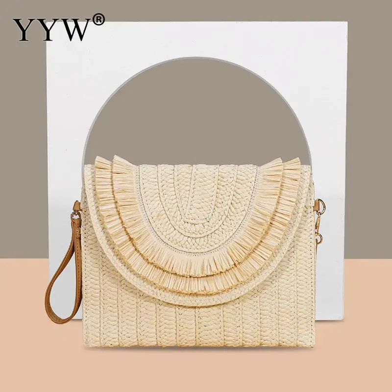 Eco-friendly Wheat Straw Clutch Handbag Summer Beach Women Hand Woven Envelope Purse Wallet with Strap Ladies Portable Soft Tote