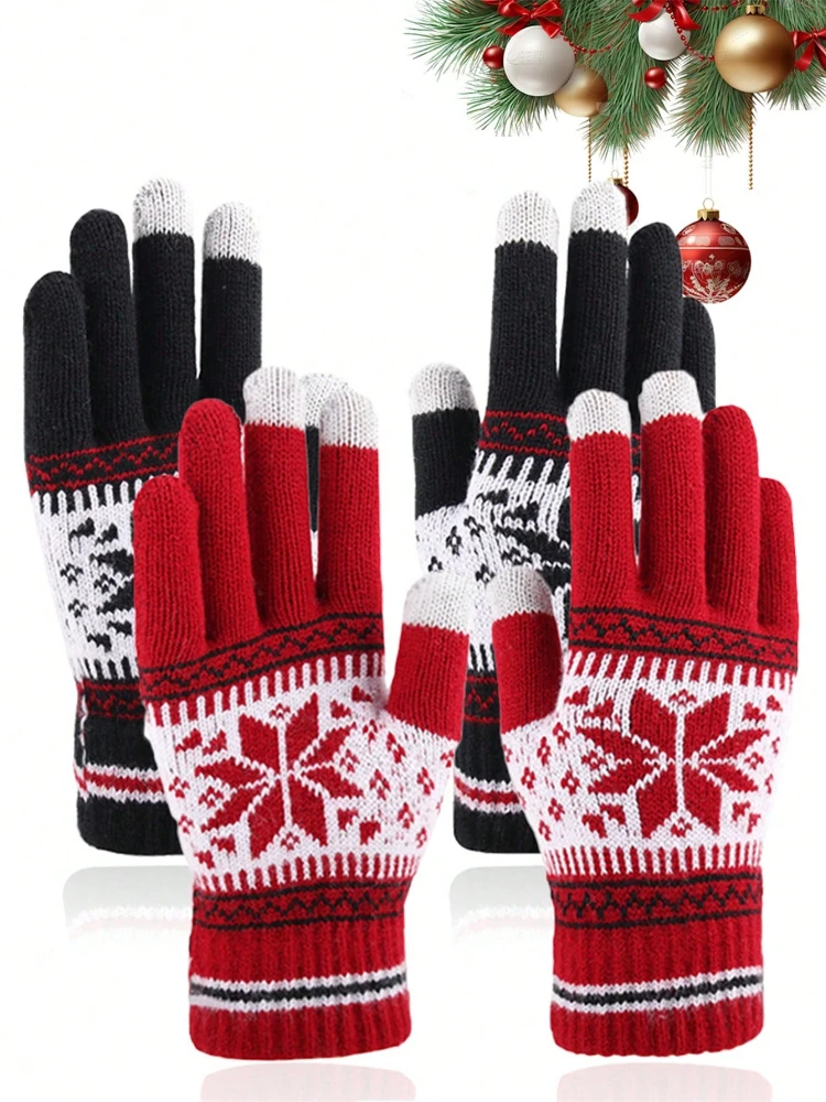 Touchscreen Knitted Gloves, Snowflake Pattern Full Finger Thick Warm Knitted Winter Gloves for Men Women Couple Gloves