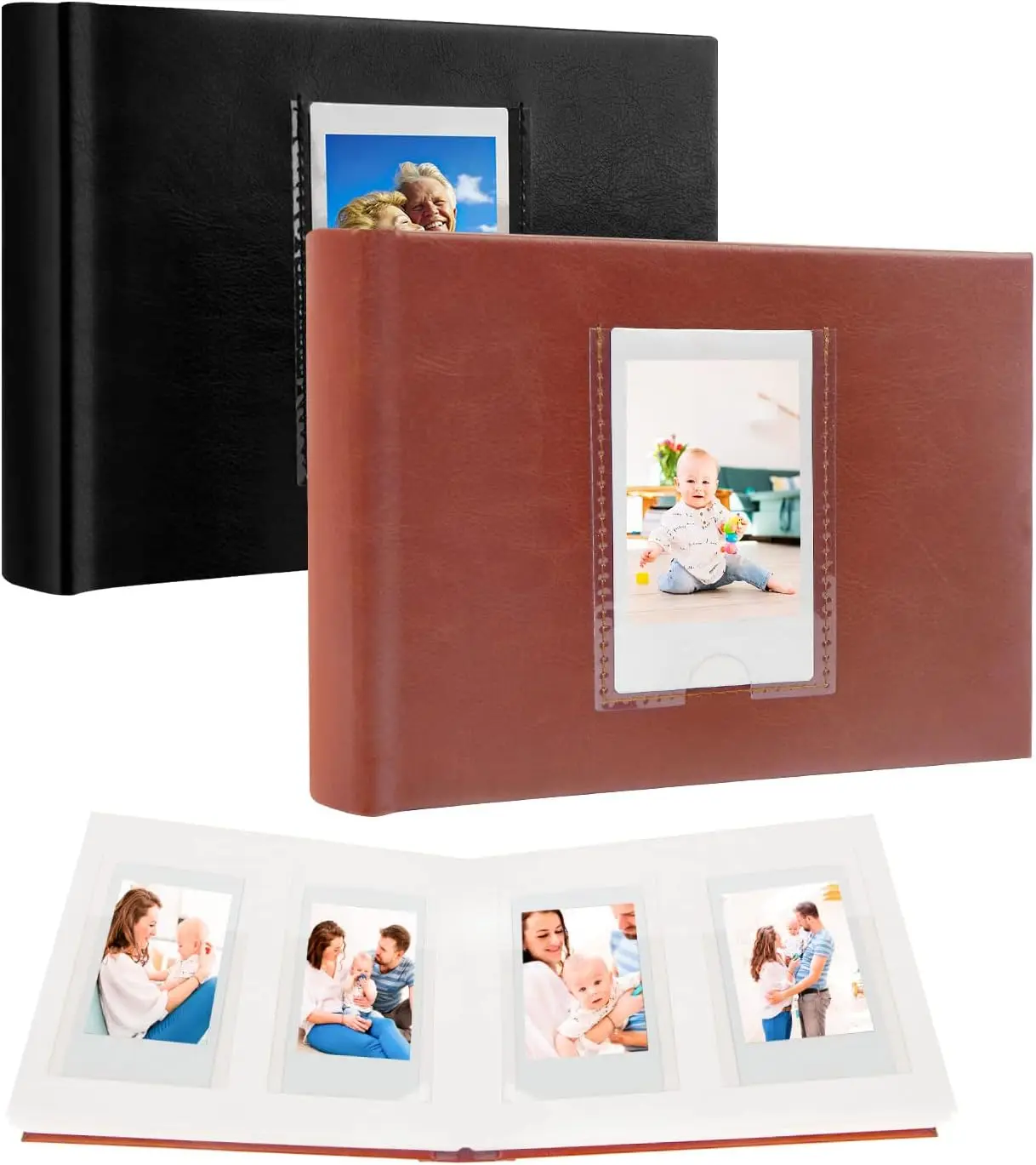 

2Packs 64 Pocket Mini Photo Album with Writing Space and Front Window,Faux Leather Hardcover 3 Inch Picture Book for
