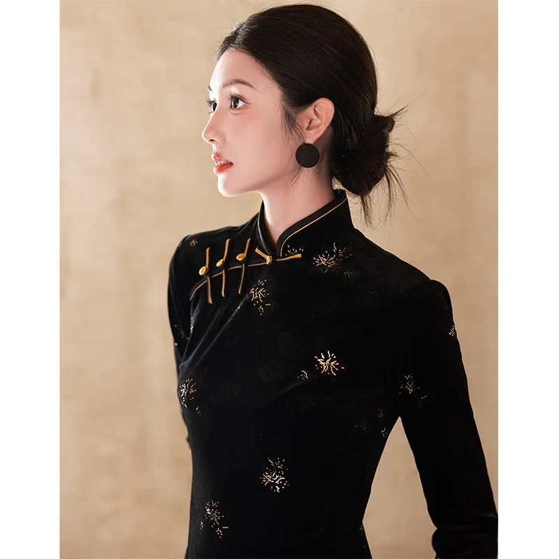 

Anghai Velvet Gold Emed Женский Sle Simple Ele Slimming Bla Daily ow Performance Long Sve с низким разрезом