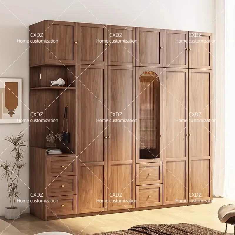 Modern Simple Walnut Glass Door Swing Wardrobe for Bedroom Small Apartment Household Storage Cabinet Economical Furniture