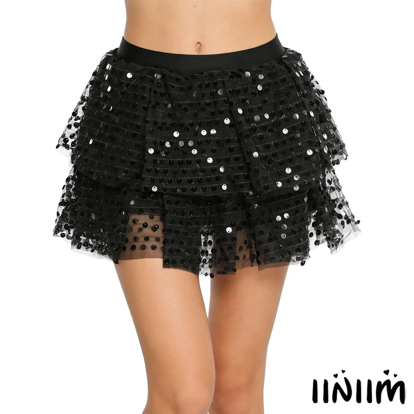 

Womens Shiny Sequin Tutu Skirt Tiered Mesh Hem Pleated Skirt Miniskirt for Disco Clubbing Dance Cheerleading Uniform Raves Party