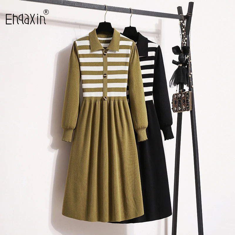 

EHQAXIN Women's Knitted Dress Fashion 2023 Autumn Winter New Elegant Contrast Stripe Panel Knitted A-Line Pullover Dresses M-4XL