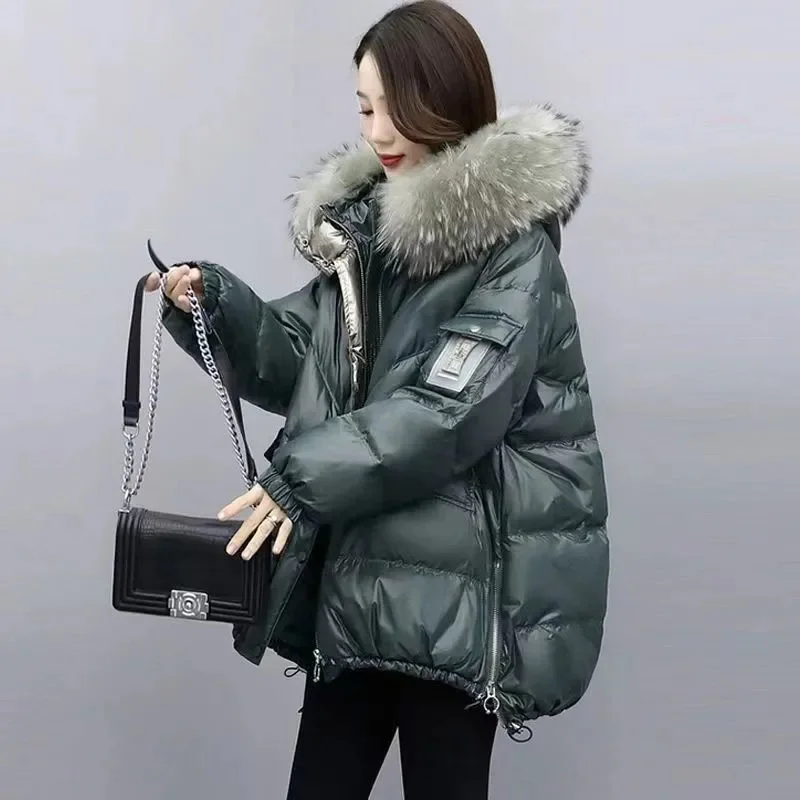 Oversized Down Cotton Jacket 2024 New Women\'s Mid Length Korean Version Loose Thicken Jackets Big Fur collar Winter Hooded Coats