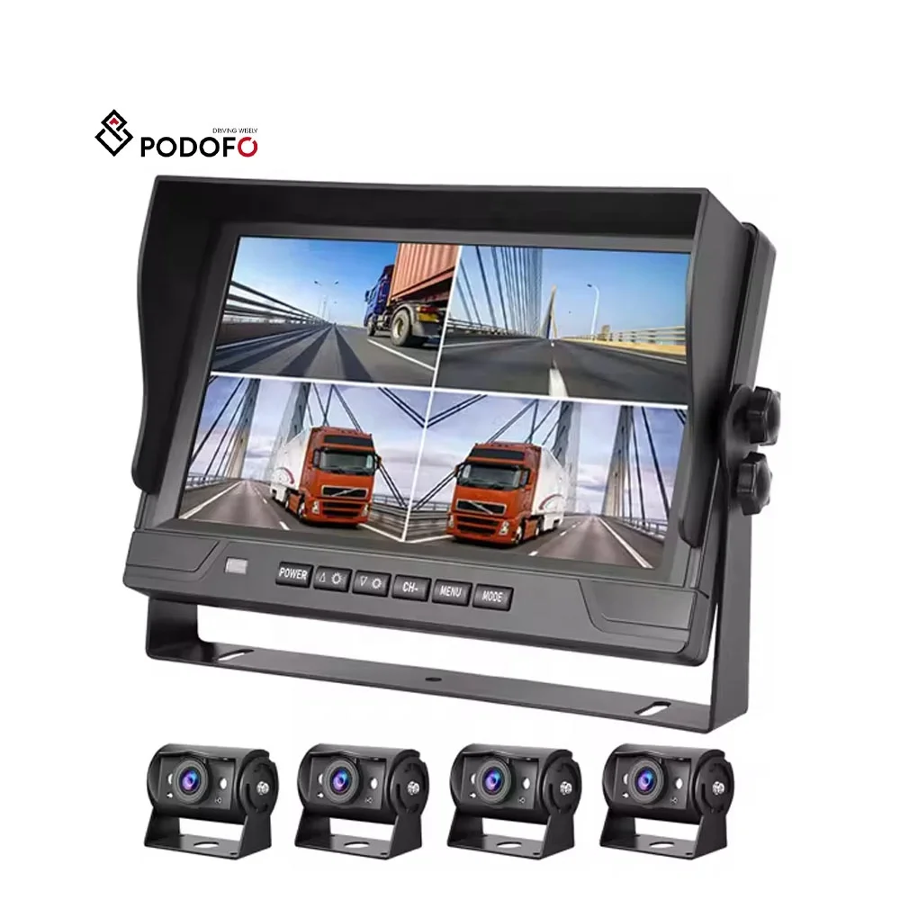 Podofo 9'' AHD Digital Wired Car Rear View Camera Kit 4CH Reversing Aid Night Vision IPS for Truck Bus RV 12V-24V Recording