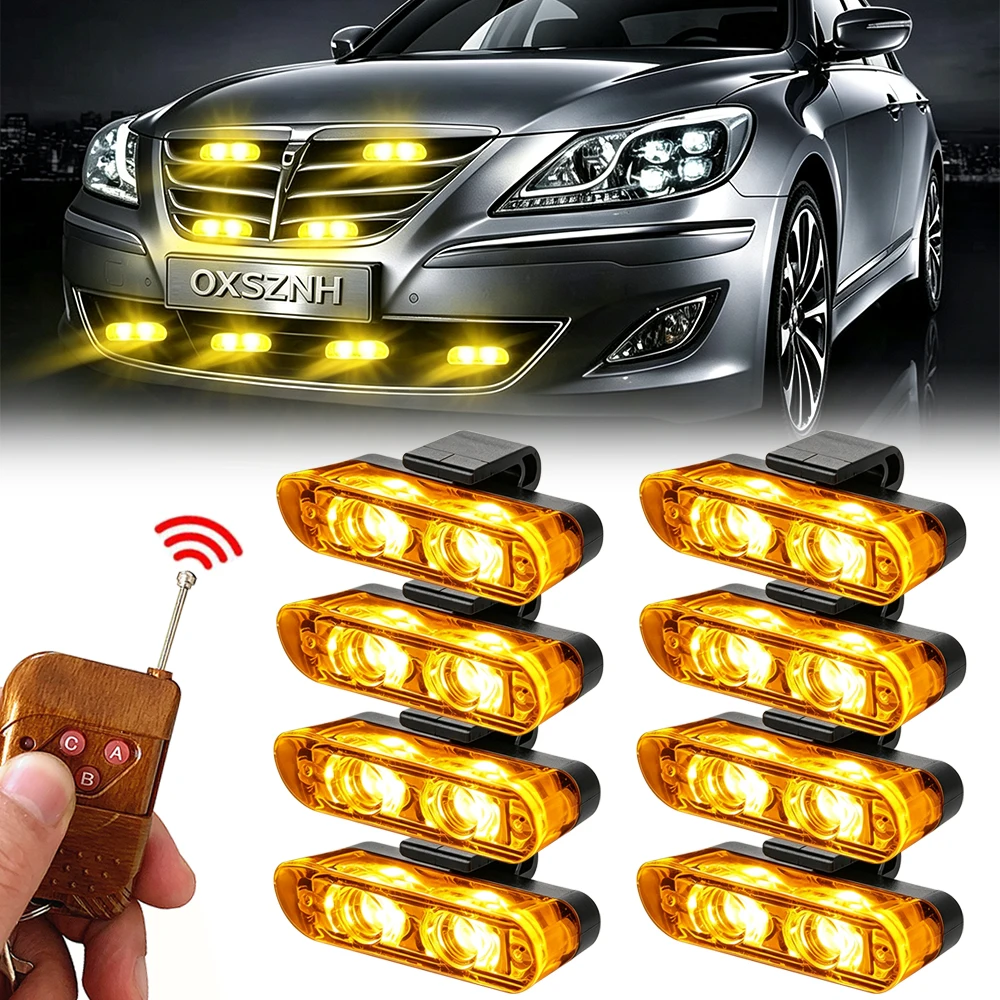 2 LED Car Grille Clip Strobe Lights Amber Yellow LED Flash Warning Lamp 12V Vehicle Bumper Grille Light Accessories
