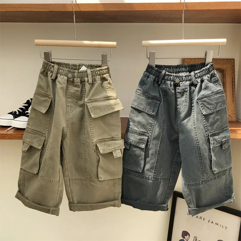 

2023 Autumn Children's Pocket Work Pants Boys and Girls Outdoor Work Pants kids clothes