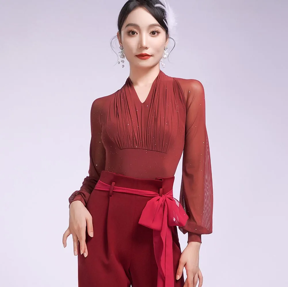 Top de baile con cuello en V para mujer, Top de manga larga de alta calidad para baile de graduación de té rojo tostado, Top de práctica de encaje verde oliva negro