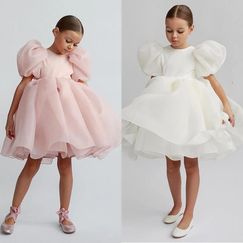 Fashion Girl Princess Vintage Dress Tulle Child Vestido Puff Sleeve Pink Wedding Party Birthday Tutu Dress Child Clothes