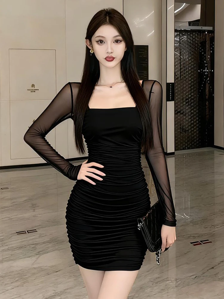 เดรสสั้นรัดรูปผ้าทูลล์สีดำสำหรับผู้หญิง แขนจีบ คอเหลี่ยม ทรงเข้ารูป เซ็กซี่ เหมาะสำหรับงานปาร์ตี้ คลับ งานพรอม แฟชั่นใหม่สำหรับสุภาพสตรี