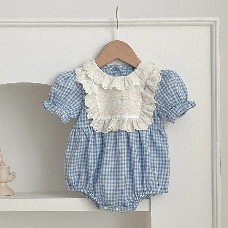 New Summer Baby Girls Romper Newborn Lace Clothing Vintage Blue Grid Infant Embroidery Jumpsuit Toddler Girls One-Piece Clothing