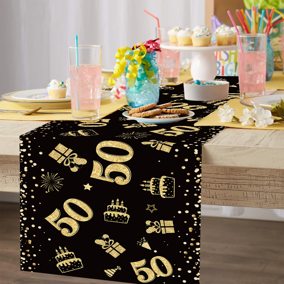 Black Gold 18th 30th 40th Birthday Table Runner Happy Birthday Party Decorationfor Home Table Runner Birthday  Party Supplies