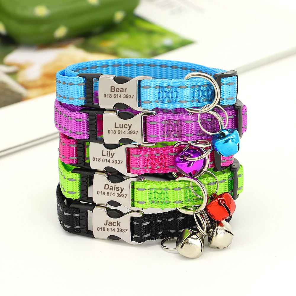 Personalized Pet Cat Collar Reflective Nylon Puppy Cat Collars Custom Engraved Pet Kitten Collar With Bell For Small Dogs Cats