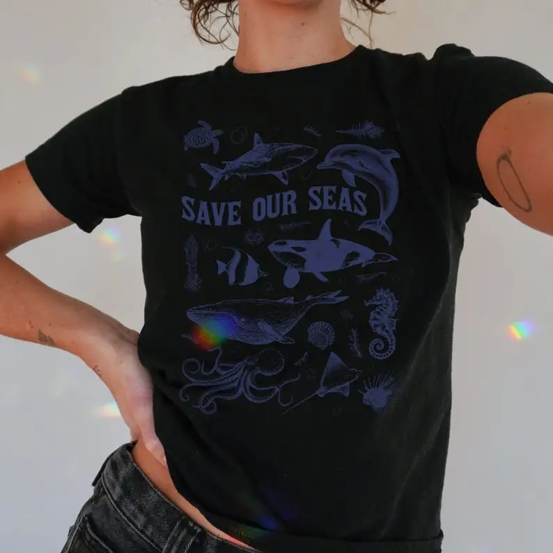 Coquettish Save Our Oceans Tee,TShirt Y2K,90s Coquette Sea Creatures Shirt,Gift Shark Meme T-Shirt Cropped,Cool Shirt