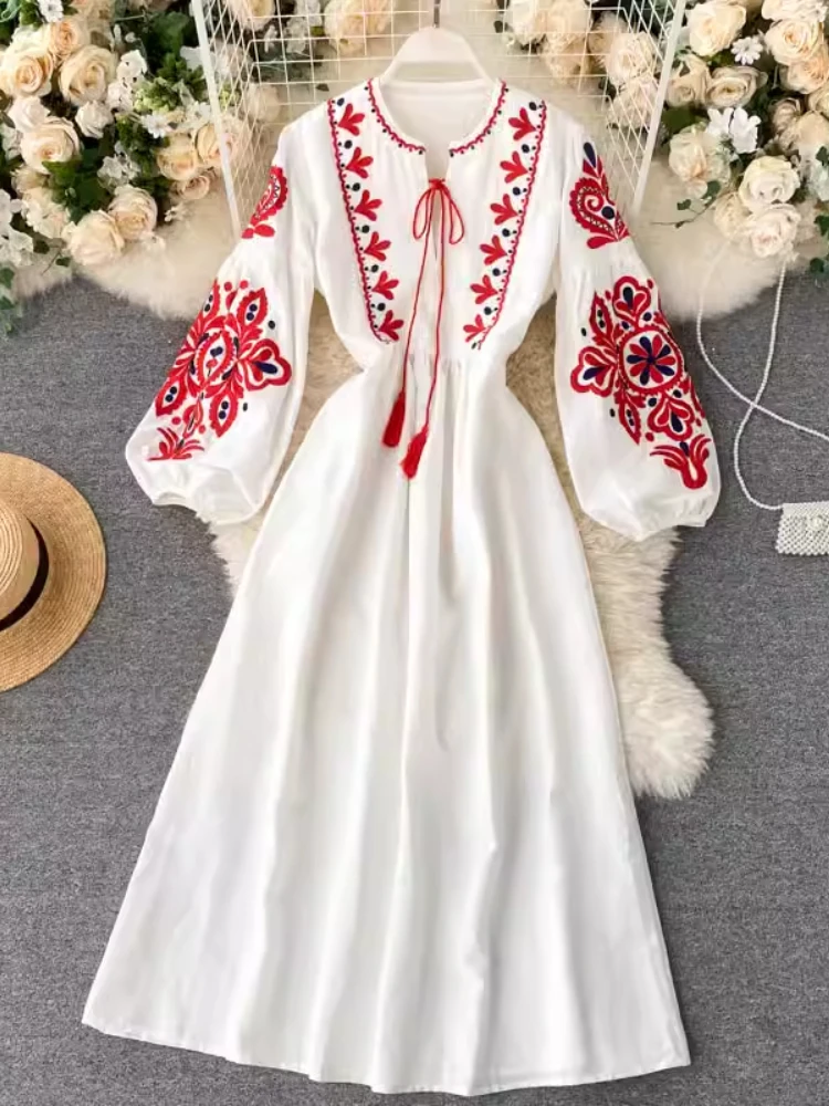 Vintage Sweet Style Y2K Women Nice Foreve Dress Embroidery O-neck Bandage Long-sleeve White Dress Women Spring Summer 2025 New