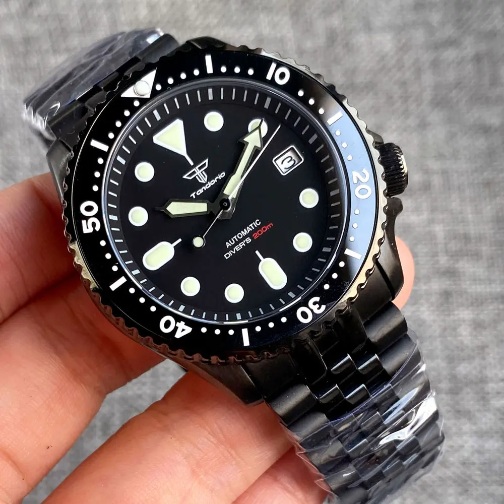 

Black SKX Mod Dive Automatic Watch Men 3.8 Crown Tandorio Selfwinding Wristwatch 120Click Bezel Rubber Band Black Chapter Ring