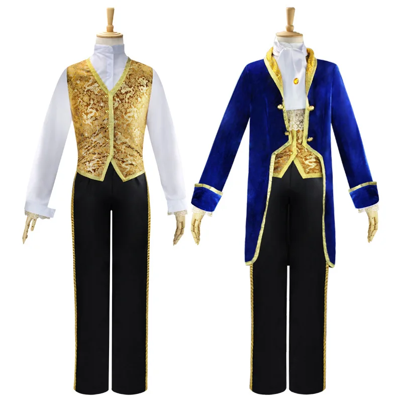 

Child Adult Beast Prince Cosplay Costume Men Ball Show Uniform Canary Tuxedo Vest Shirt Pants Suit Halloween Party Outfit