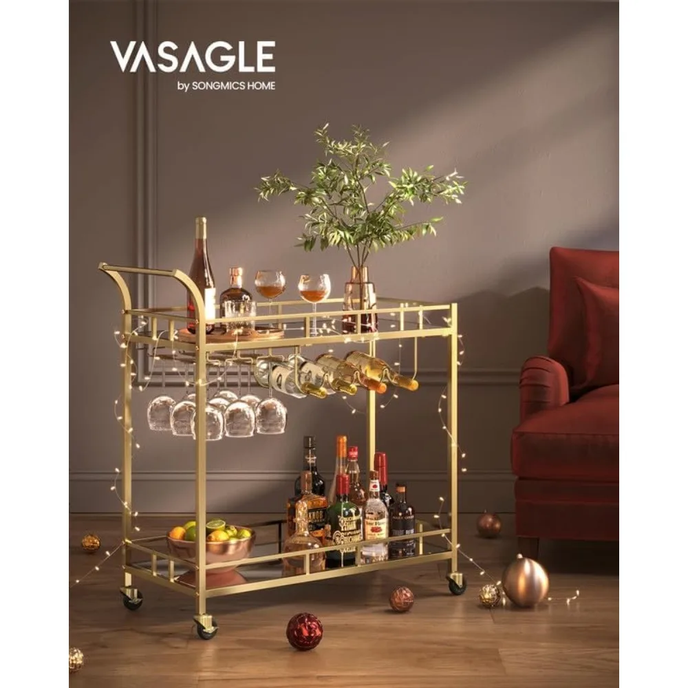 Bar Cart Gold, Home Bar Serving Cart, Wine Cart with 2 Mirrored Shelves, Wine Holders, Glass Holders, for Kitchen, Dining Room