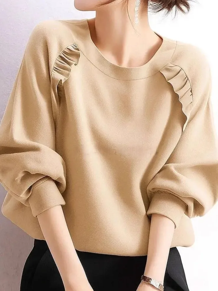 Japonês sle longo sve camiseta cor pura retalhos de madeira casual solto emagrecimento outono faion anti-envelhecimento topo feminino