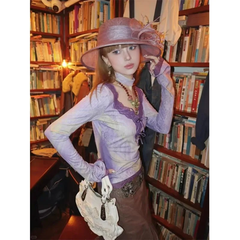 

American Y2K Lace Splicing Design T-shirts Retro Subculture Harajuku Tie-dye Long Sleeve Tops Women's Sexy V-neck Ins Style Tees