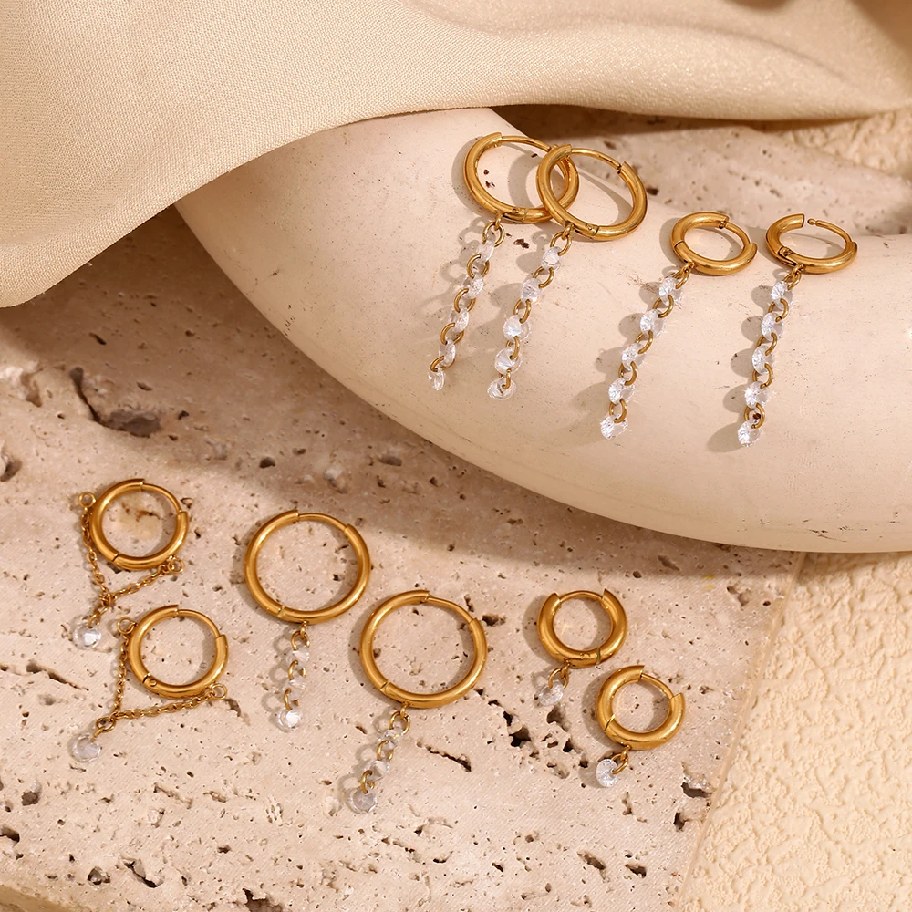 E.B.belle 18K Gold Plated Clear Pendant Multi Sizes Circle Hoop Earrings Stainless Steel Hypoallergenic Party Women Jewelry