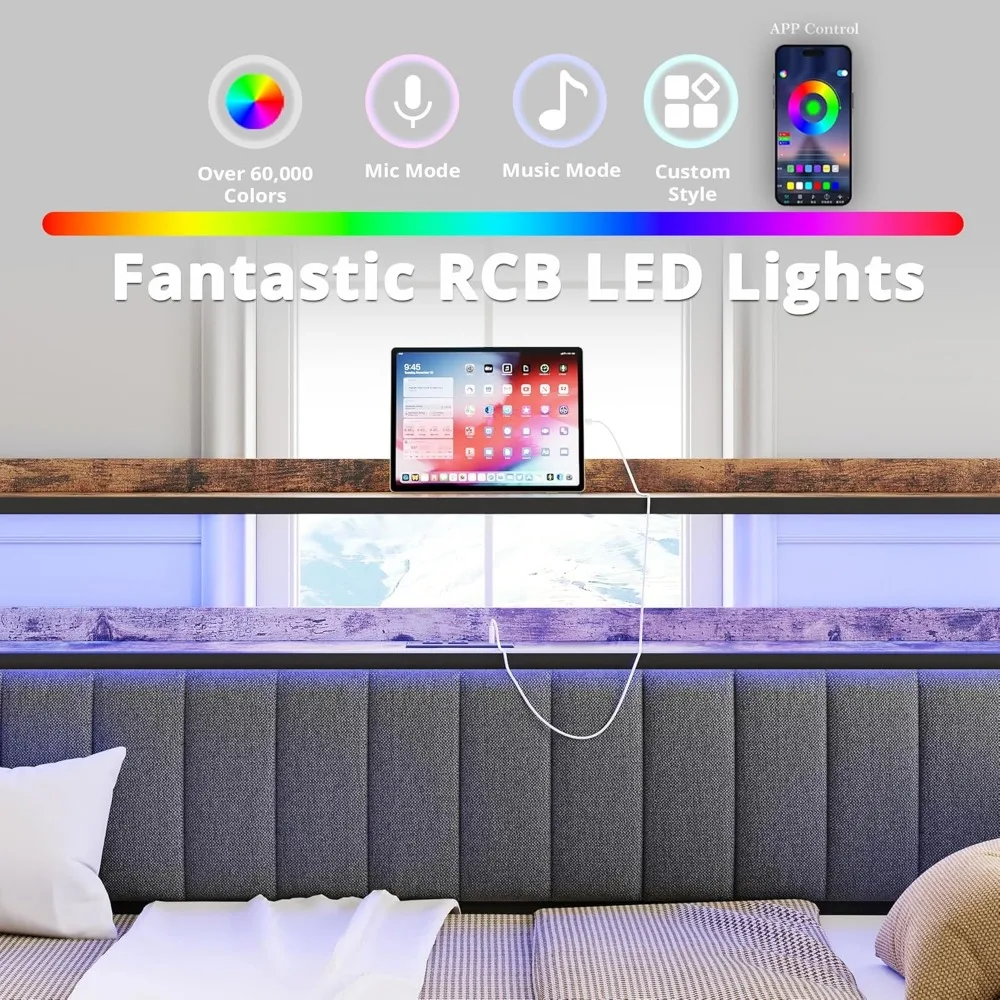 Espreguiçadeira com rodízio, luzes LED e estação de carregamento, espreguiçadeira de tamanho duplo com prateleiras de armazenamento de 2 camadas e cabeceira estofada