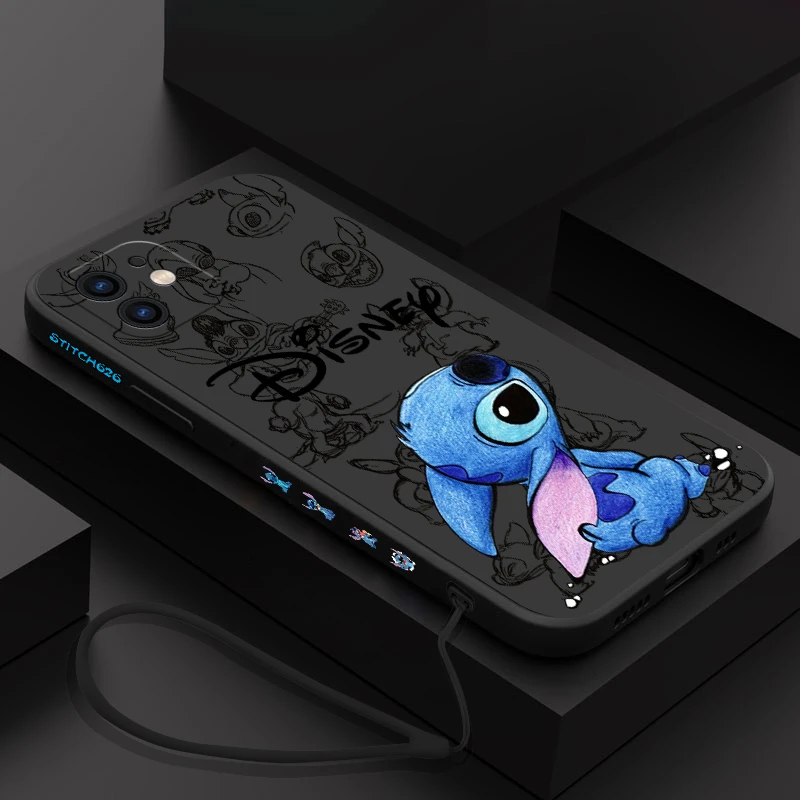 Disney Super Cute Stitch Phone Case For iPhone 15 14 13 12 11 Pro Max Mini X XR 8 7 6S Plus Soft Silicone Cover With Hand Strap